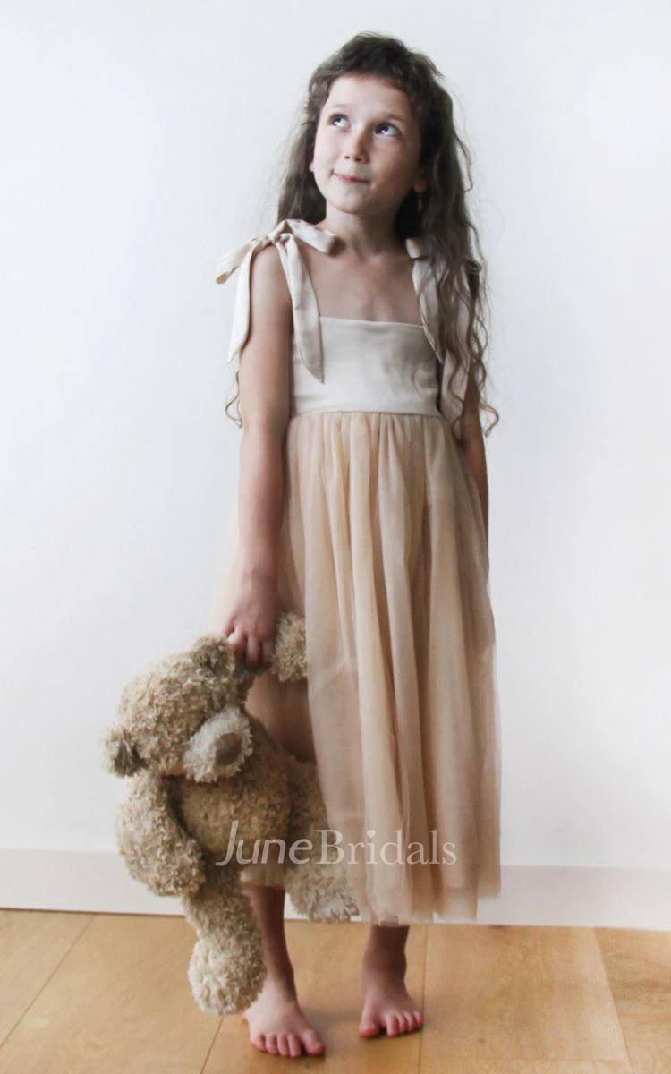 Strapped Tulle Dress With Square Neck and Pleats