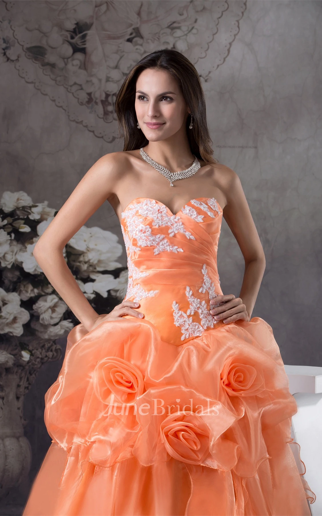 Sweetheart Ruffled Ball Gown with Flower and Appliques