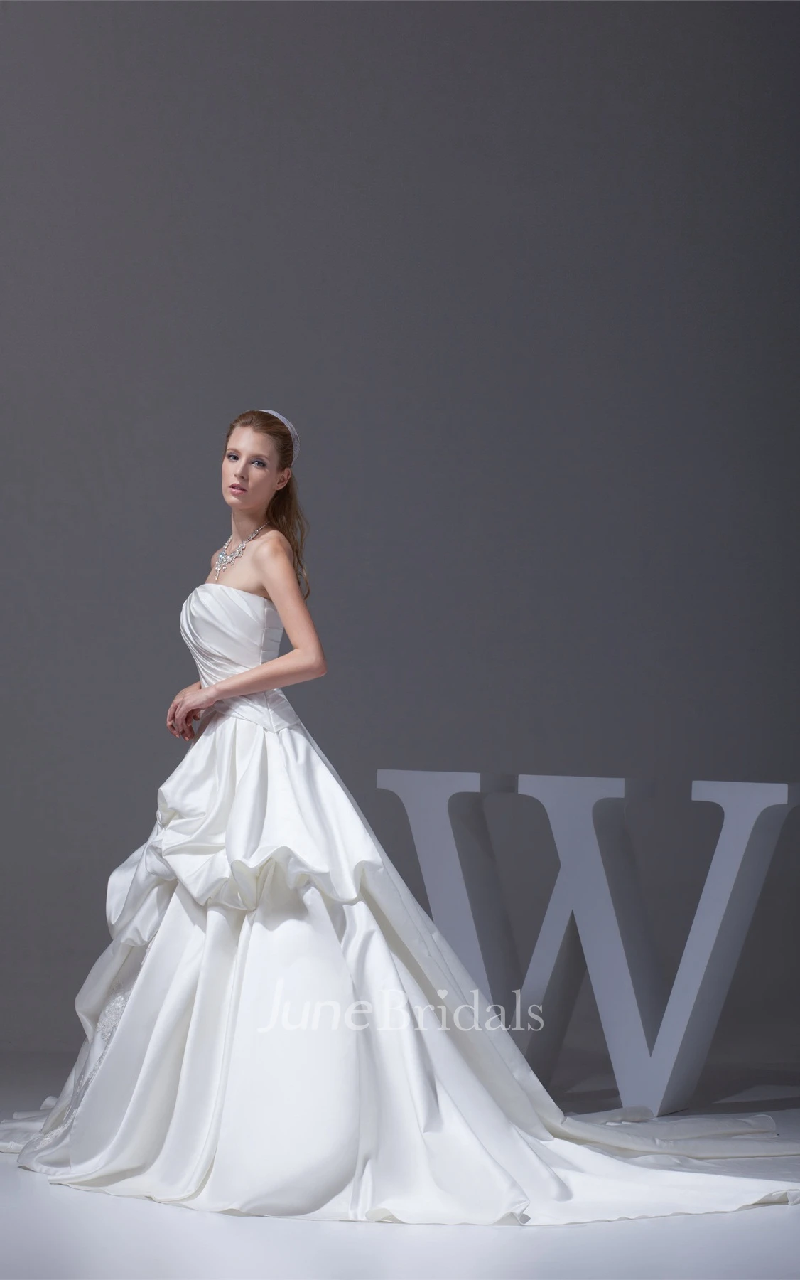 Ruched Criss-Cross Strapless Bodice Gown with Ruffles and Embellishment