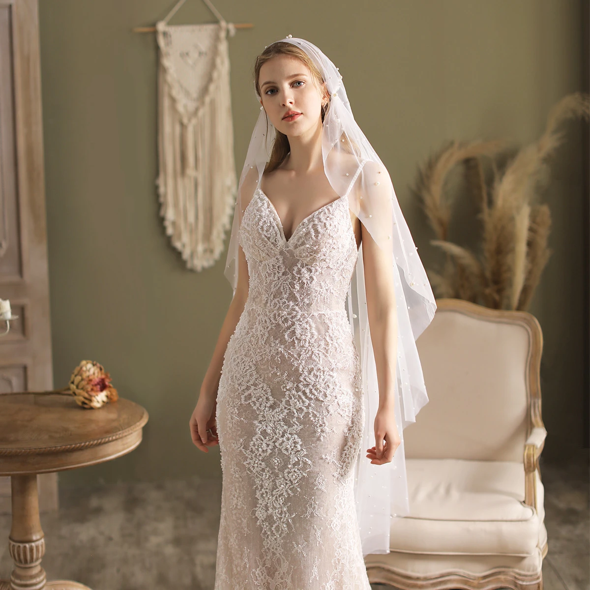 Elegant Vintage Tulle Beaded Veil