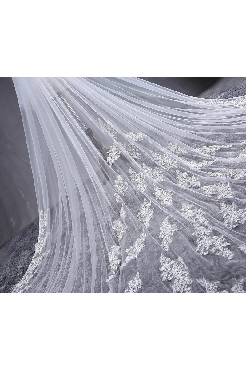 Ethereal Cathedral Tulle Wedding Veil with Lace Appliques