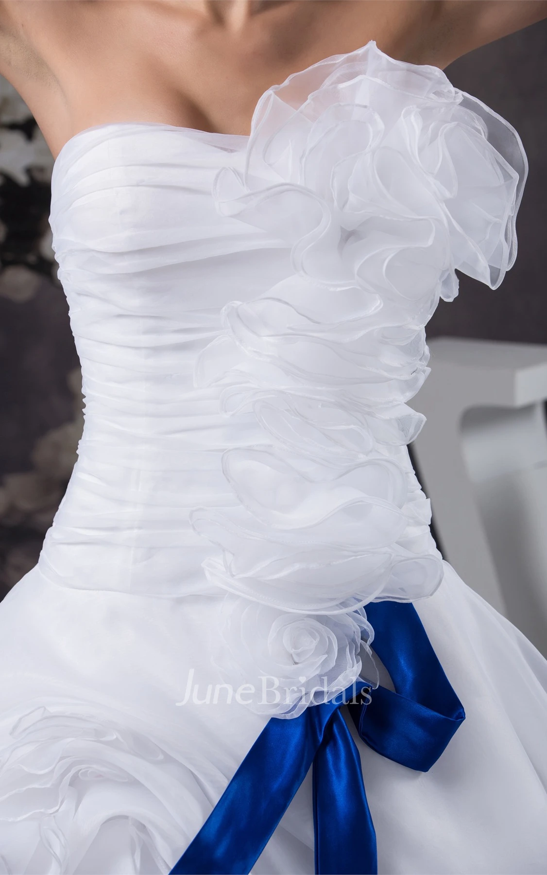 Strapless Ruched Pick-Up Gown with Flower and Ribbon