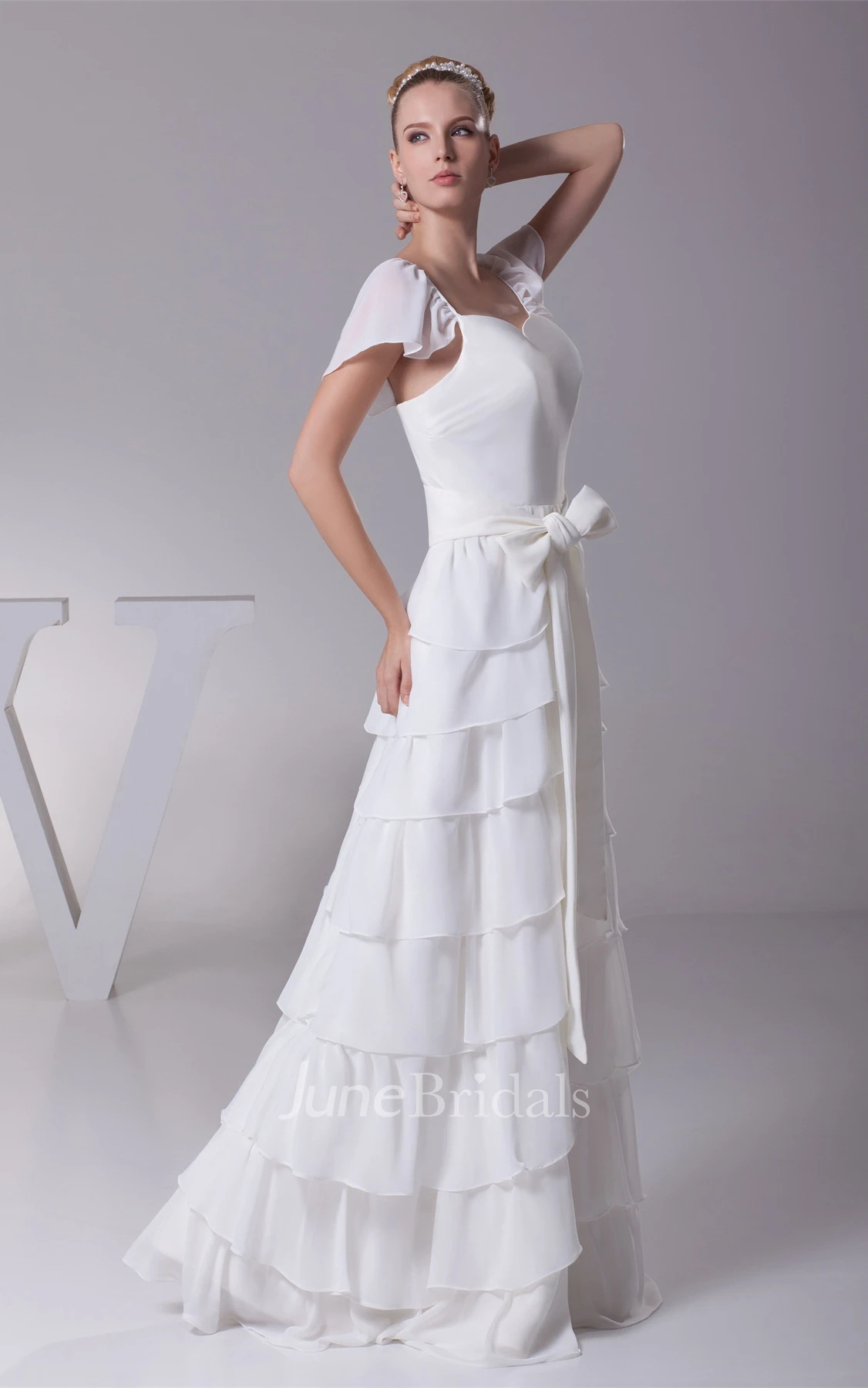 Caped-Sleeve Tiered Sheath Dress with Ribbon