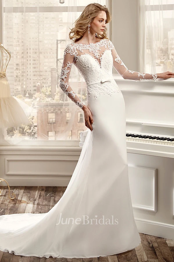 Long-Sleeve Sheath Wedding Dress With Brush Train And Back Draping