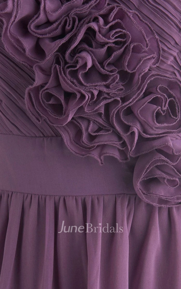 One-shoulder Pleated Chiffon A-line Gown With Flowers