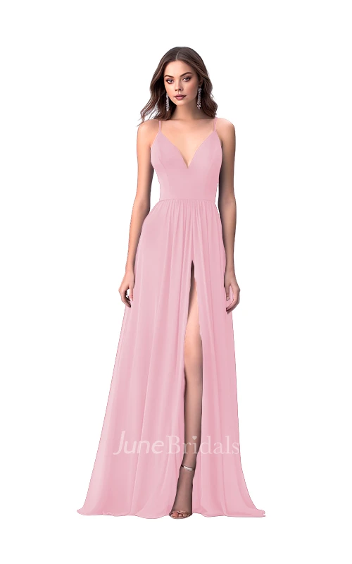 Romantic A-Line Spaghetti V-neck Chiffon Bridesmaid Dress with Split Front