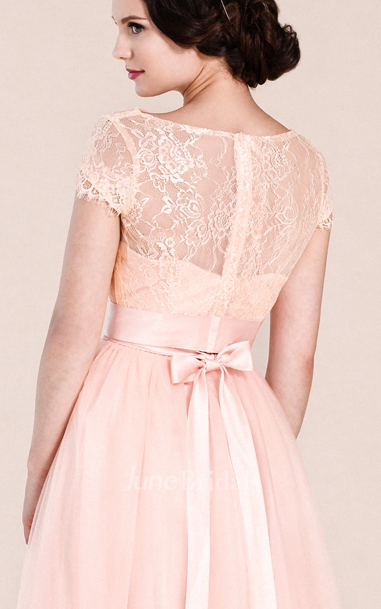 Short-sleeved A-line Long Dress With Illusion Neckline