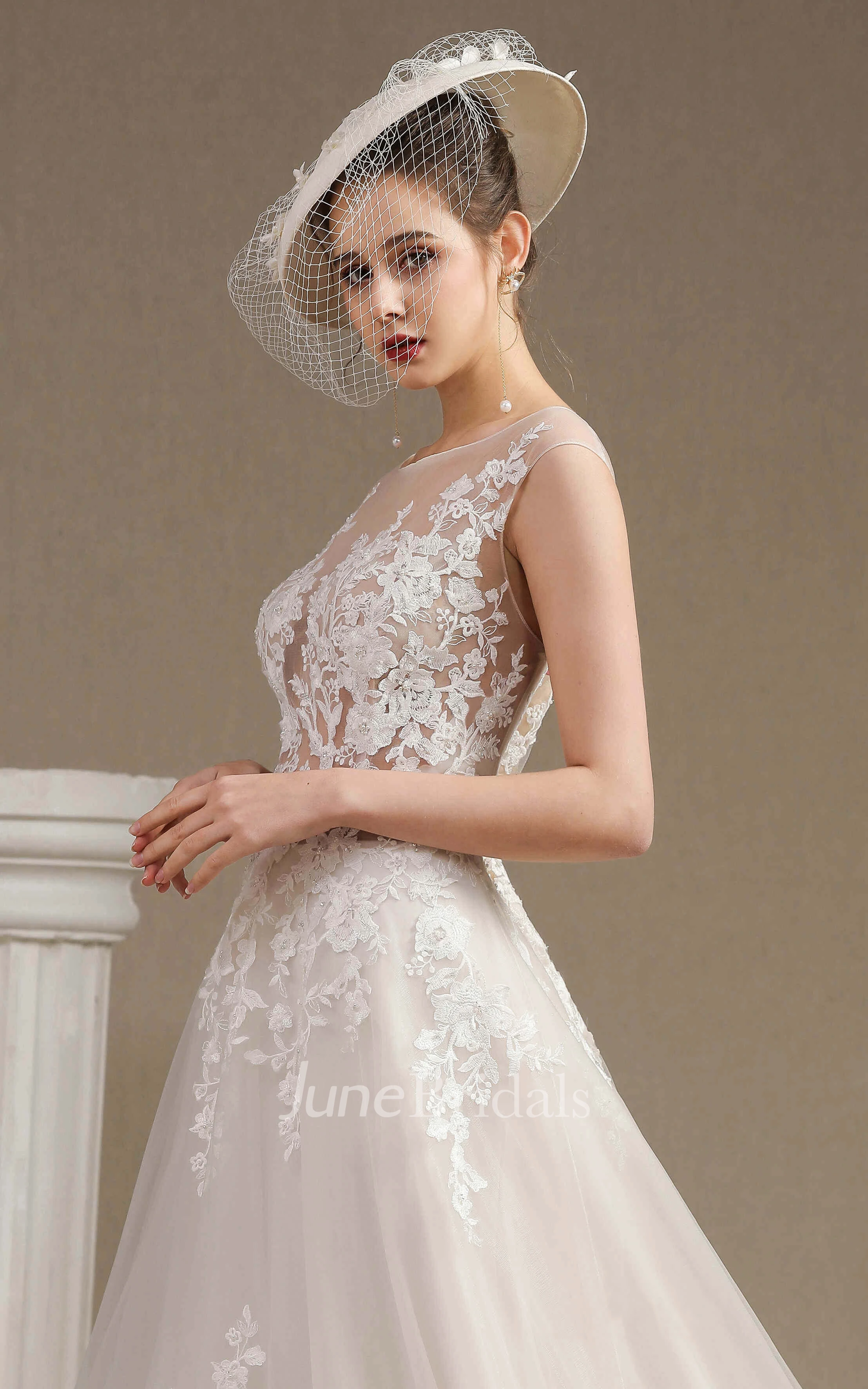 Illusion Top Cap Sleeve Lace Appliqued Ballgown Wedding Dress With Button Back