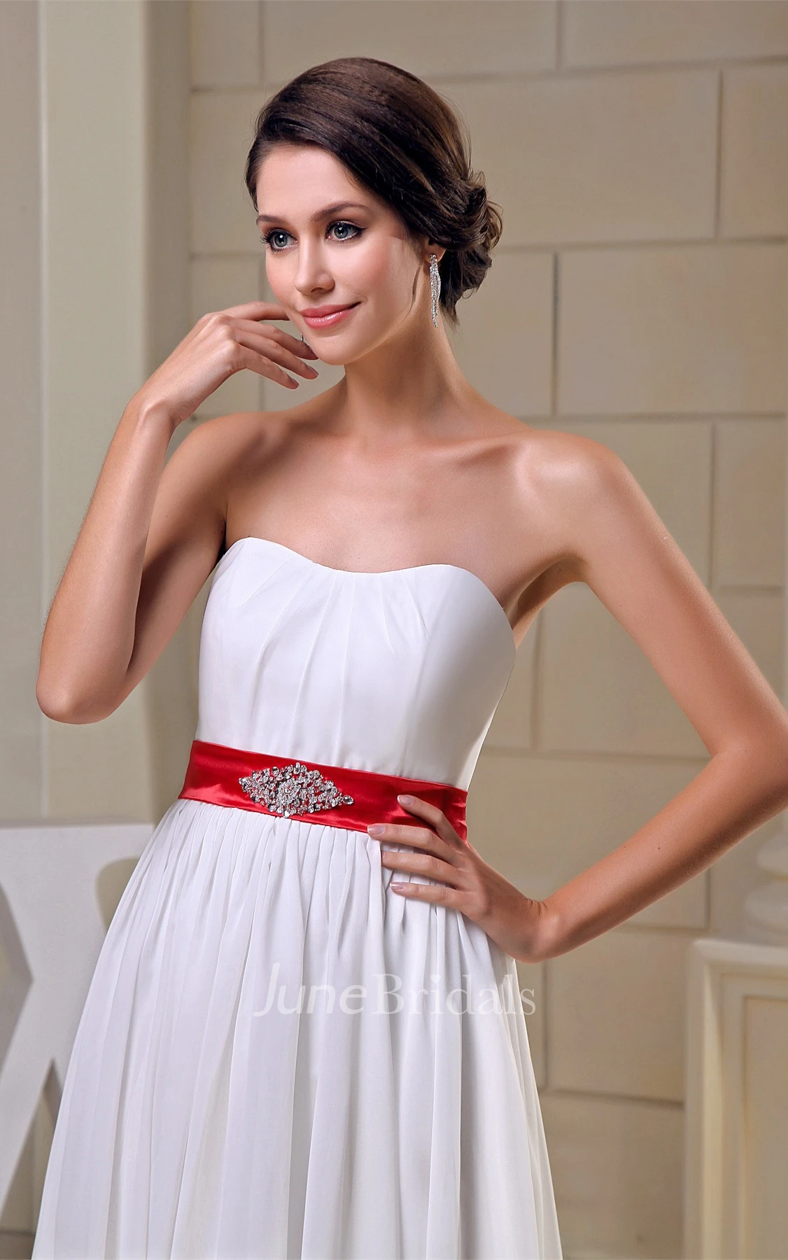 Strapless Pleated Floor-Length Dress with Broach