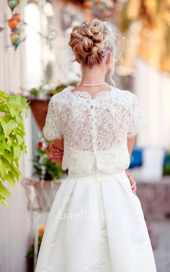 Scalloped Short Sleeve Satin Wedding Dress With Lace And Button Back