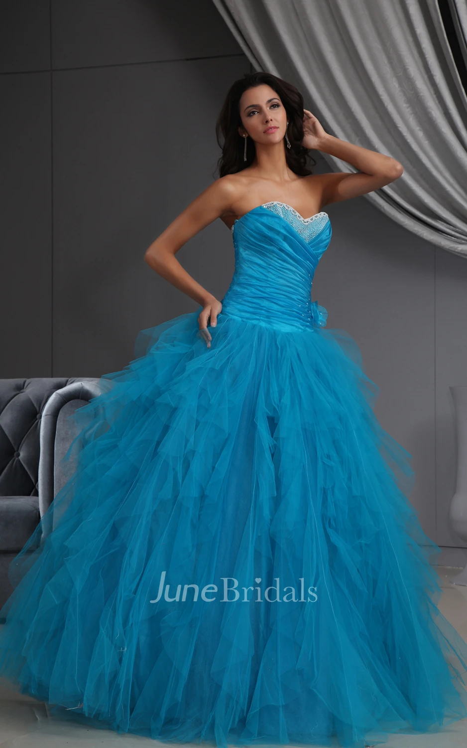 A-Line Ruffled Sweetheart Sleeveless Princess Ball Gown With Tulle Ruffles