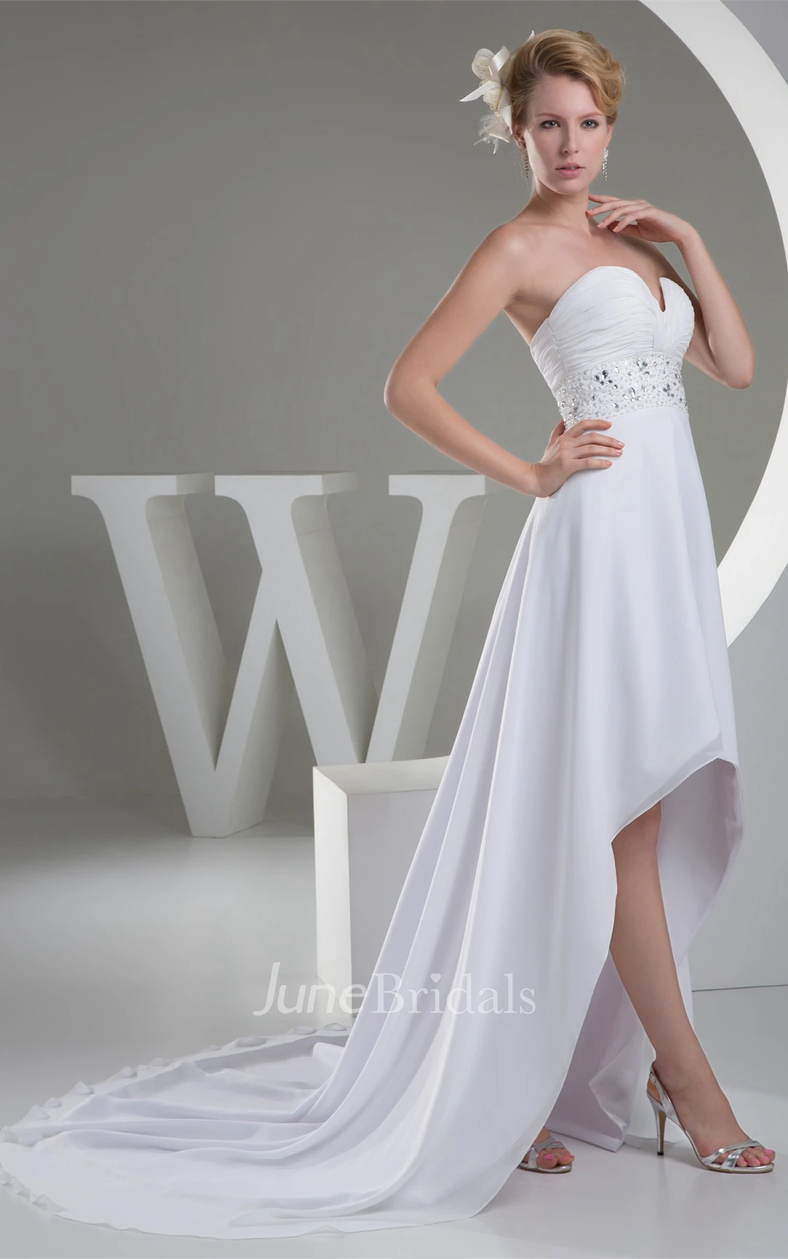 Sweetheart High-Low A-Line Ruched Dress with Beaded Sash
