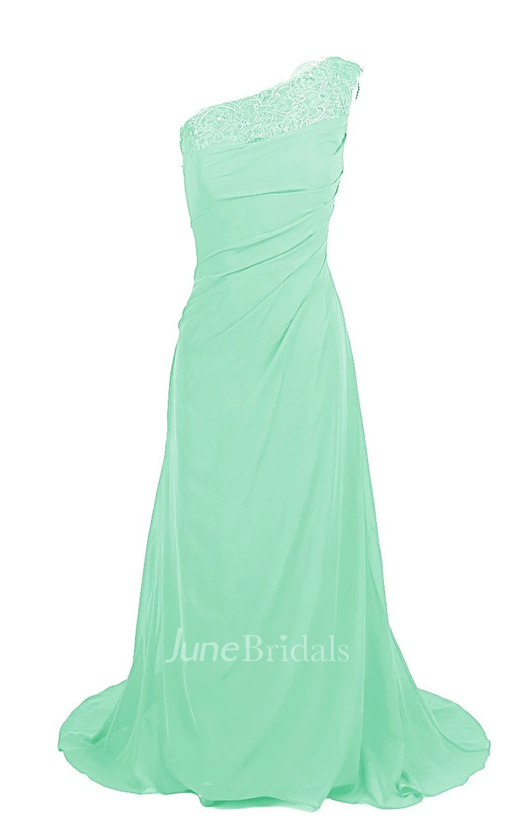 One-shoulder Sweep Train With Ruching and Zipper Back