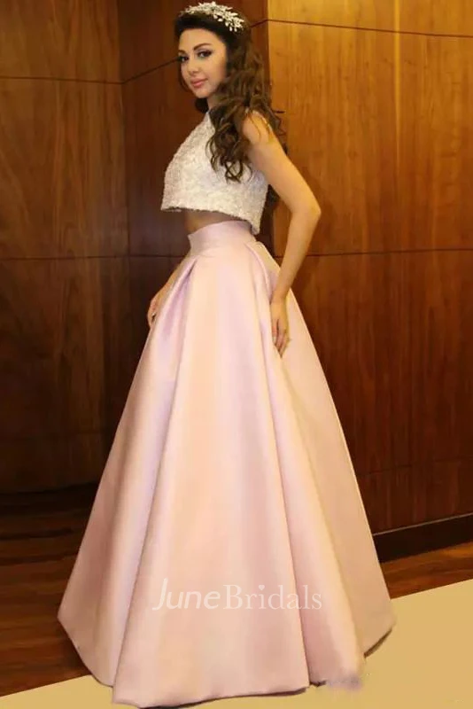 Two Piece High Neck Jewel Sleeveless Floor-length Satin Prom Dress with Pleats and Sequins