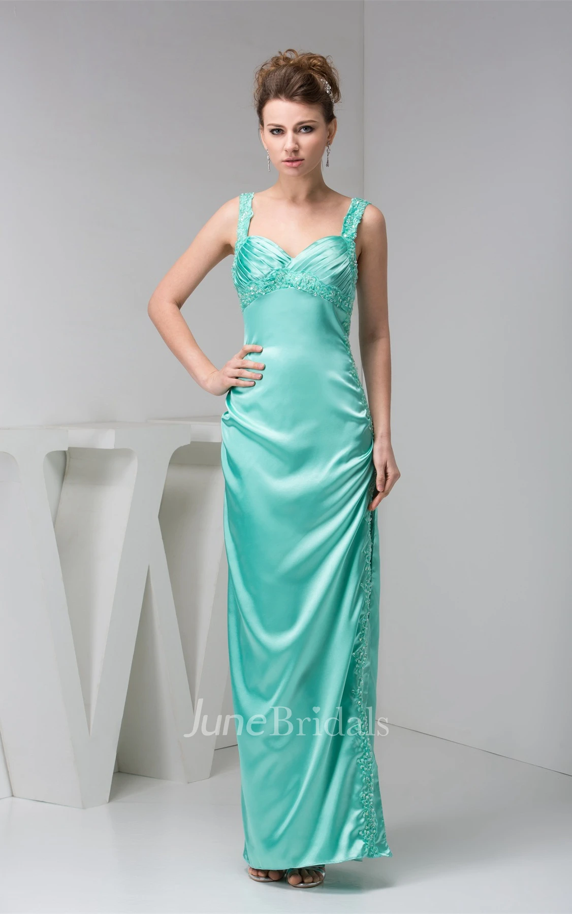Ankle-Length Front-Split Satin Dress with Stress and Beading