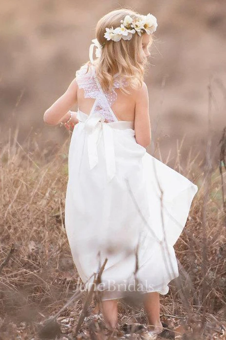 Criss-crossed Strap V-neck Lace Flower Girl Dress With Bow Back Dress