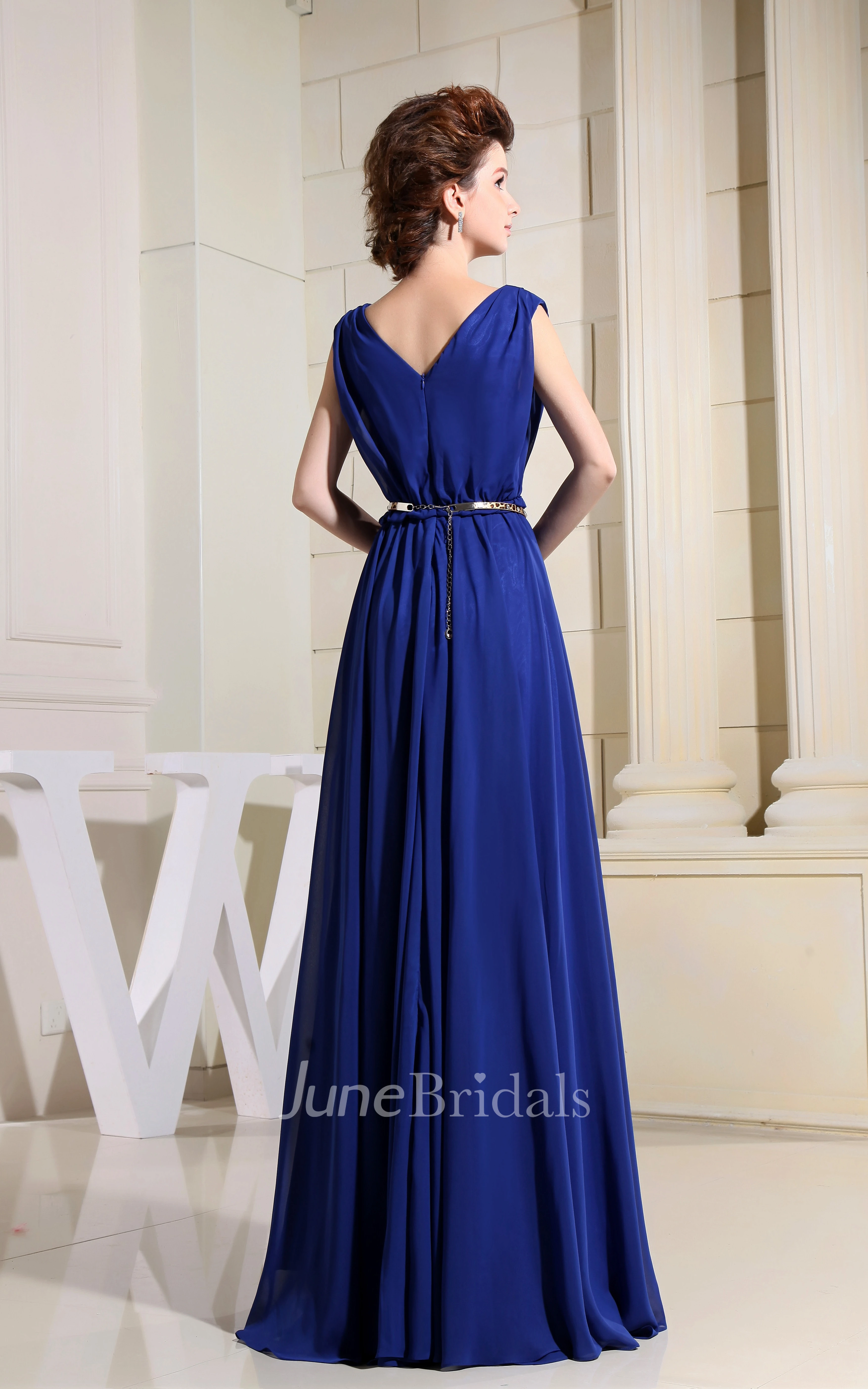 V-Neck Chiffon Floor-Length Dress With Ruching and Cinched Waist