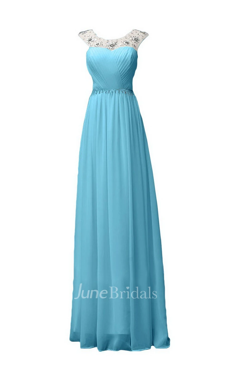 Sleeveless Long Ruffled Chiffon Dress With Beaded Neck