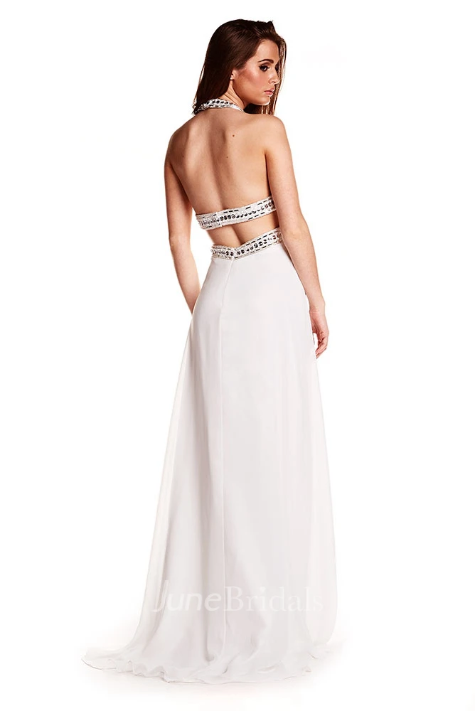 Sleeveless Beaded Halter Chiffon Prom Dress With Brush Train