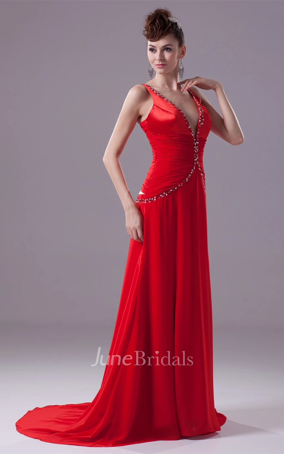 Deep-V-Neck Sleeveless Chiffon Maxi Dress with Beading and Ruching