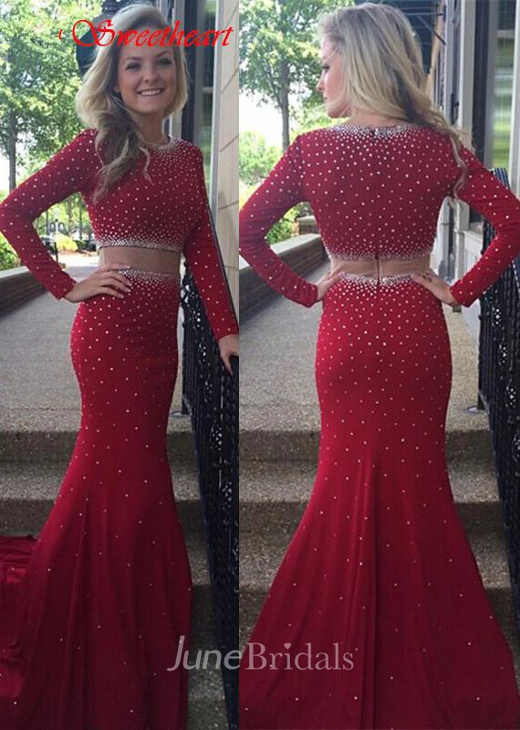 Glamorous Long Sleeve Beadings Prom Dresses Burgundy Long Long Sleeve