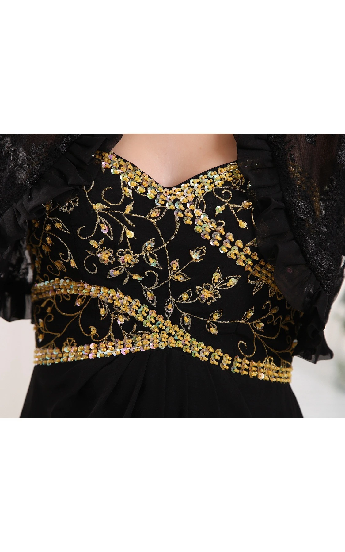 Strapless Ruched Chiffon Maxi Dress with Beading and Bolero