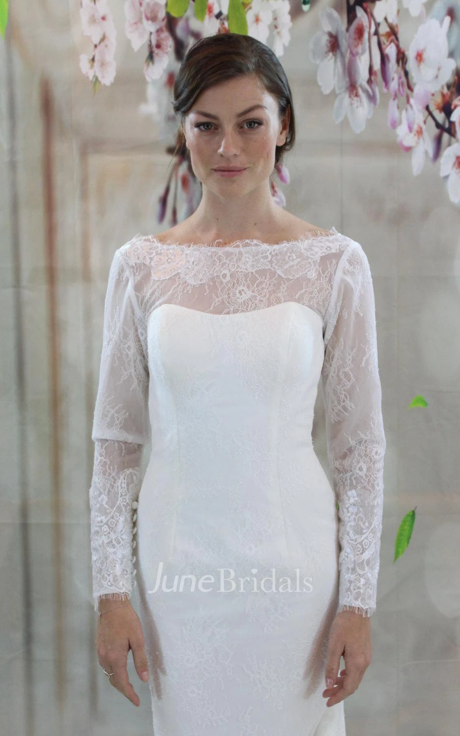 Bateau Neck Long Sleeve Lace Wedding Dress With V-Back