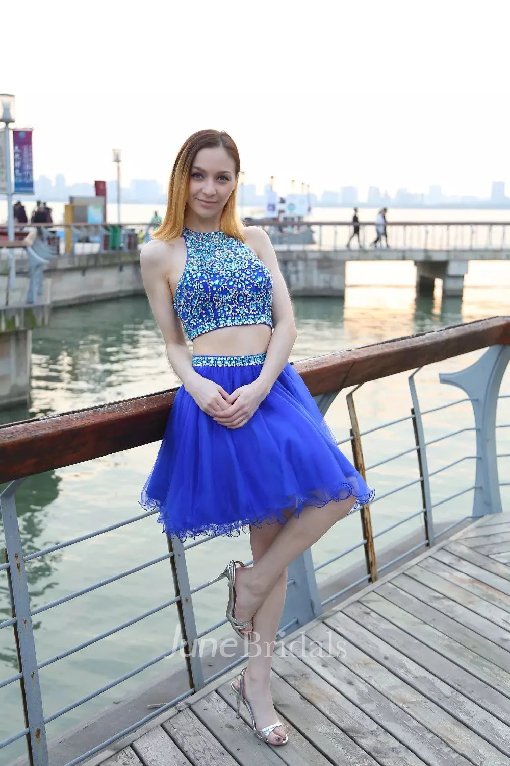 Two Piece Halter Sleeveless Beading Pleats Short Mini Lace Homecoming Dress