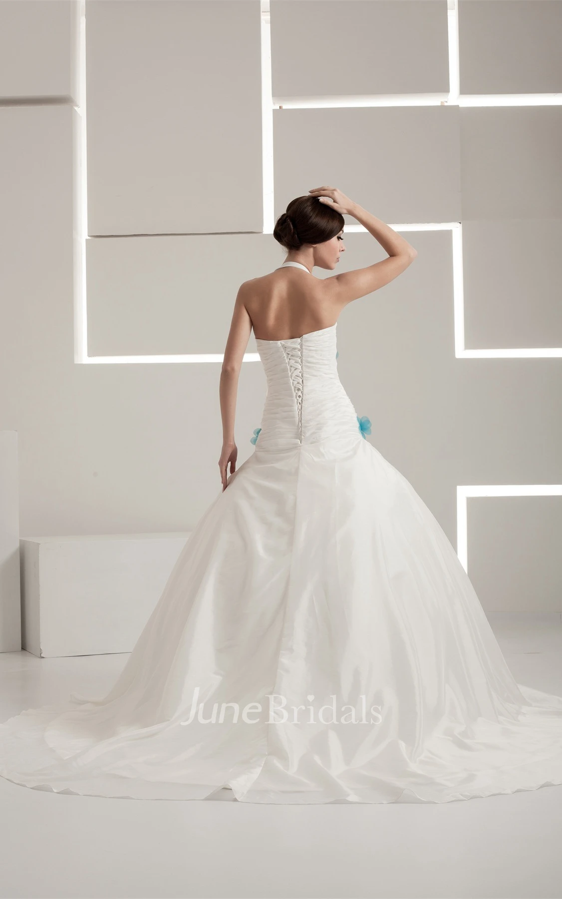 Haltered A-Line Appliqued Gown with Flower and Ruching