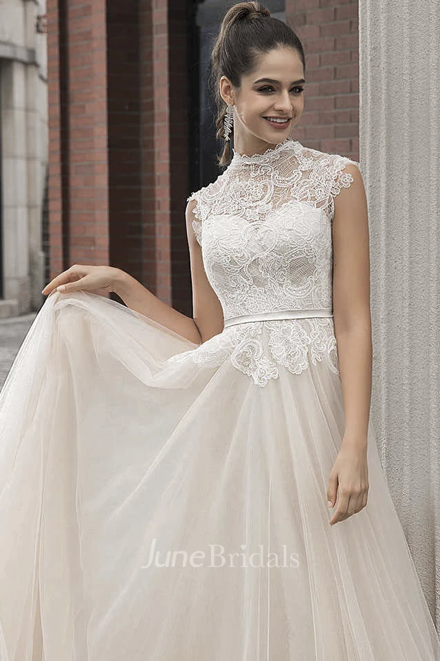 High Neck Cap Sleeve Vintage Lace Tulle Bridal Gown With Button Back