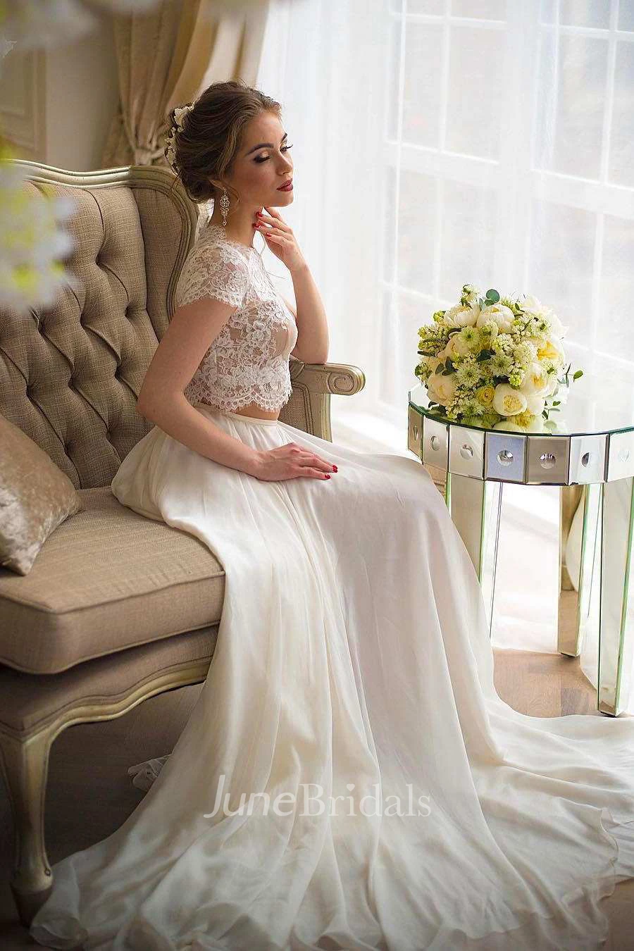 Bateau Short Sleeve Two-Piece Chiffon Wedding Dress With Lace Top