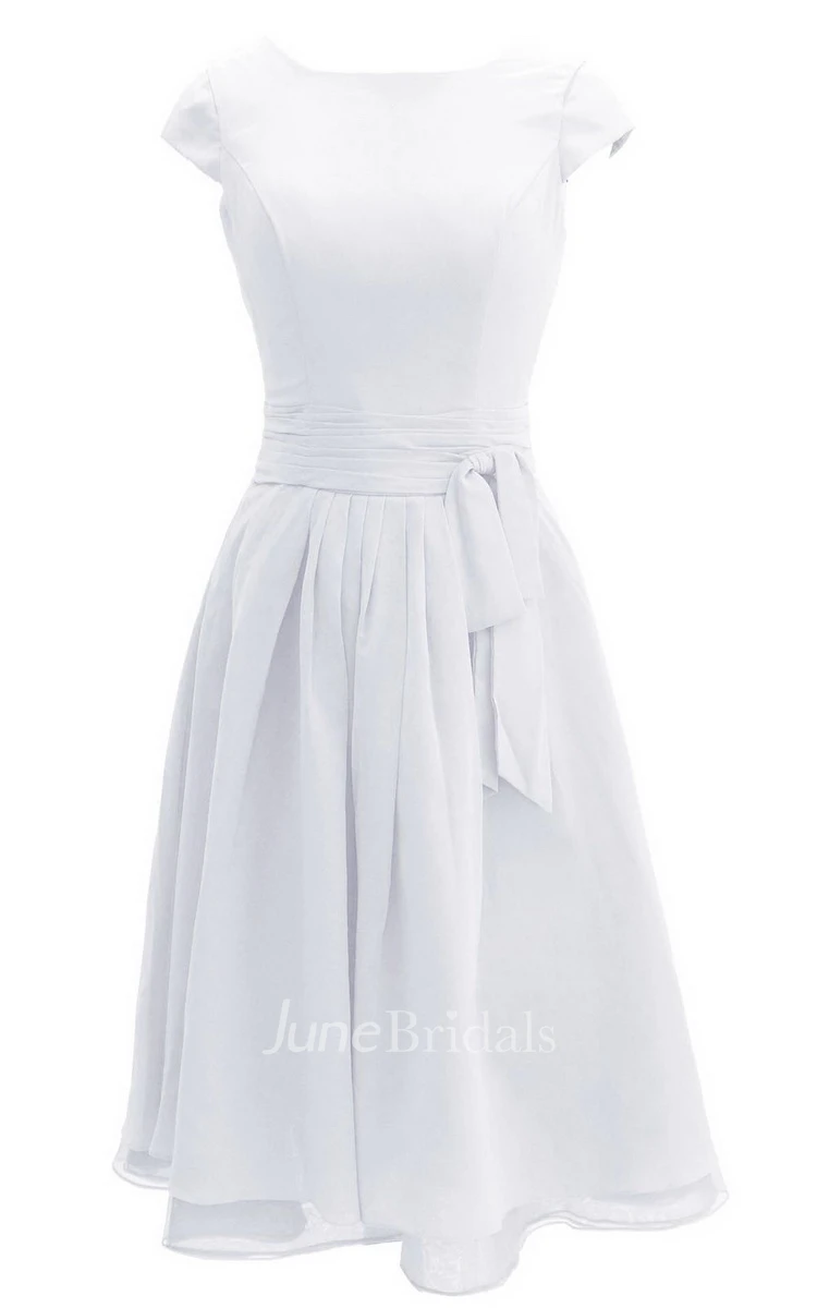 Cap-sleeve Bateau Neck Chiffon A-line Gown With Sash