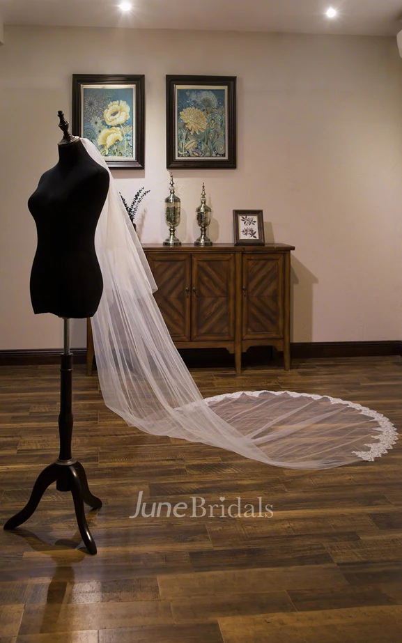 Modern Sparkly Boho Lace Sequins Tulle Two Tier Cathedral Length WeddingVeils with Comb