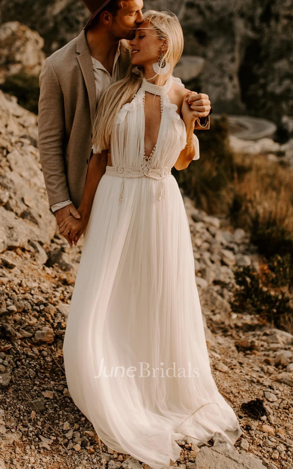 Grecian A-Line Off-the-shoulder Tulle Wedding Dress With Halter Neckline And Sash
