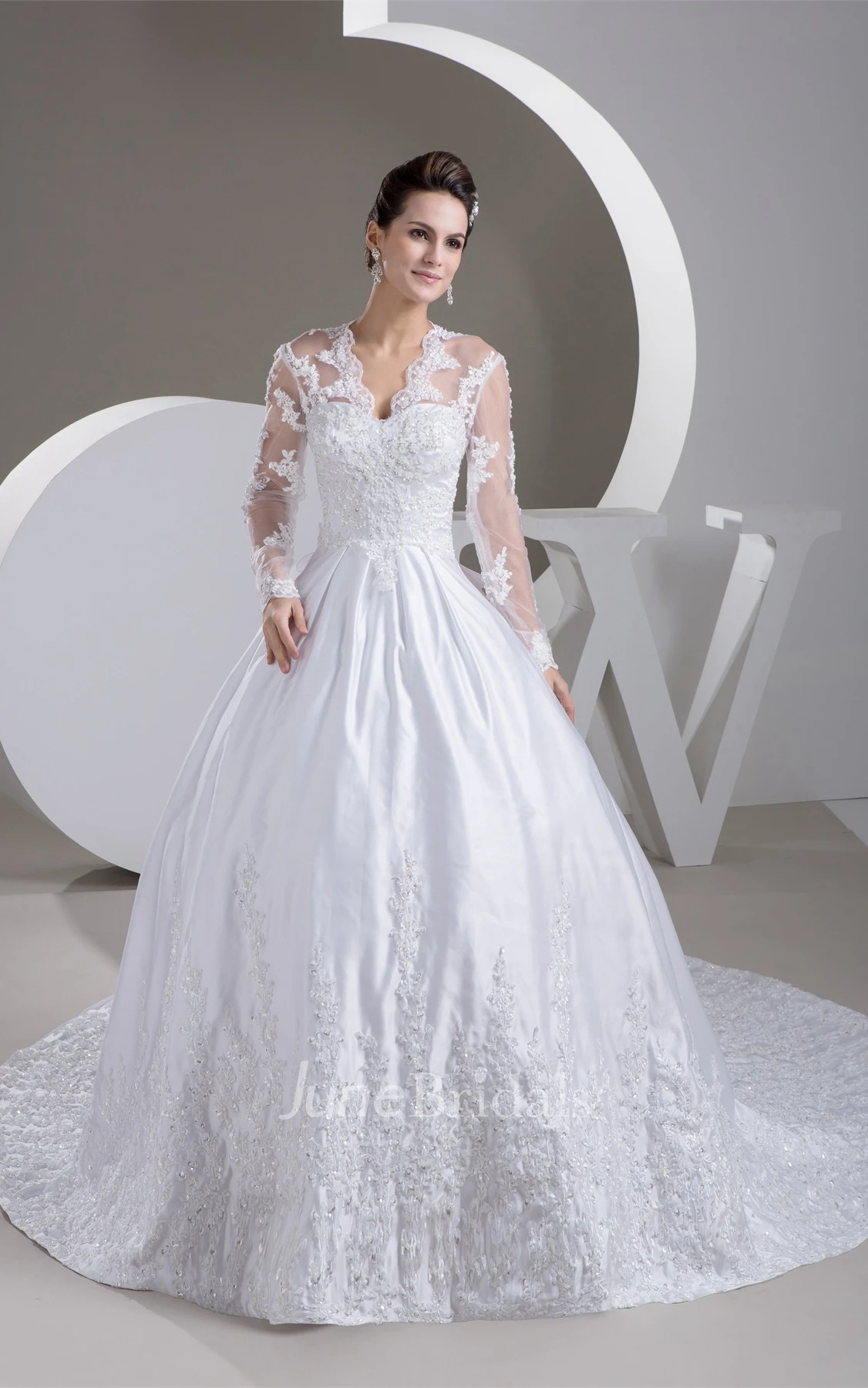 Scalloped-Neck Long-Sleeve Beaded Ball Gown with Illusion