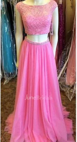 Newest Pink Two Piece Prom Dress Lace Beadings Cap Sleeve