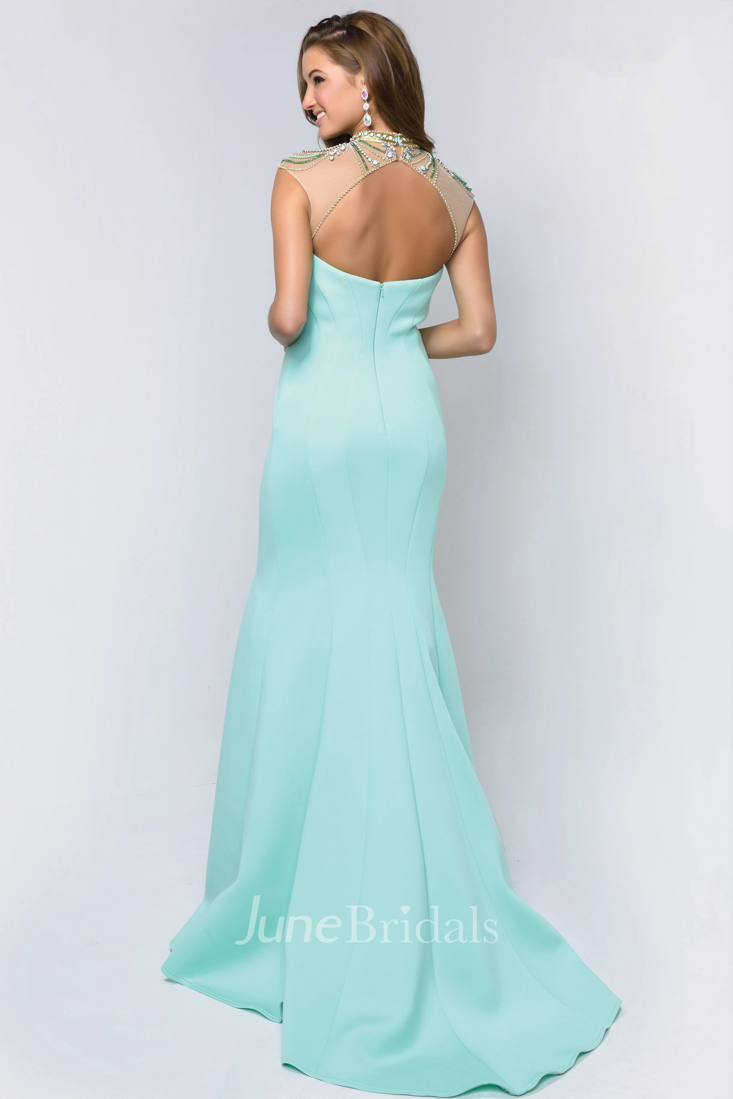 Mermaid Maxi High Neck Sleeveless Jersey Keyhole Dress With Beading