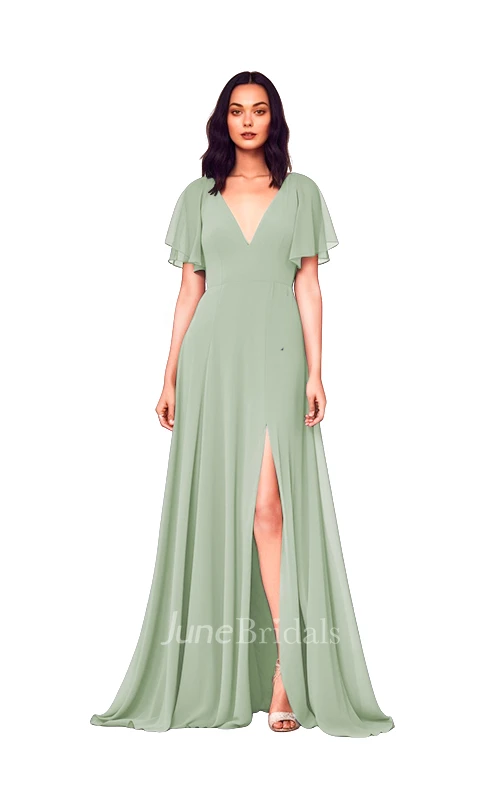 Modest A-Line V-neck Chiffon Bridesmaid Dress with Split Front