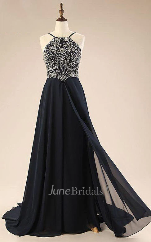 Spaghetti Sleeveless Brush Train Backless Chiffon Dress