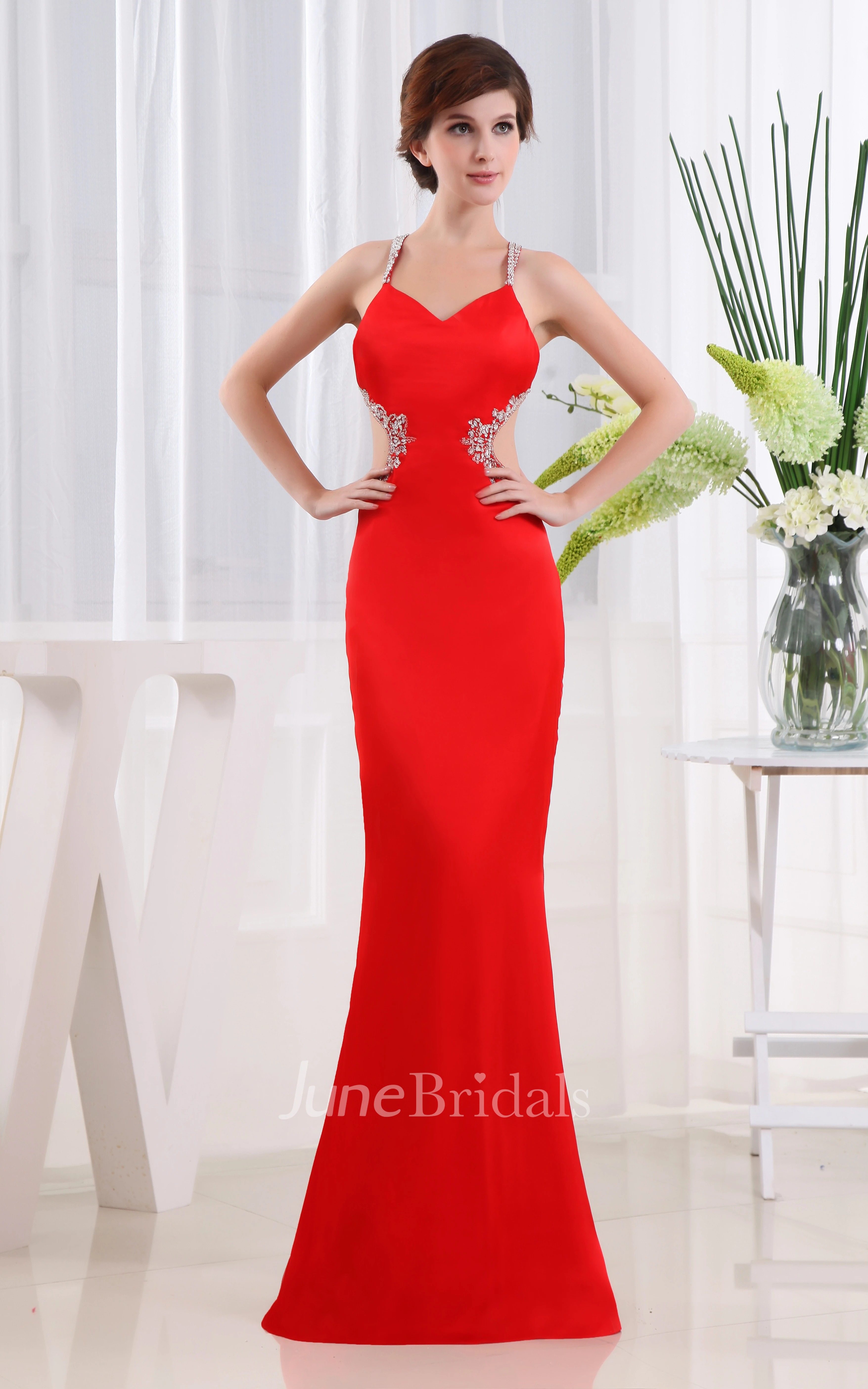 Sleeveless Sheath Satin Dress With Beading and Keyhole