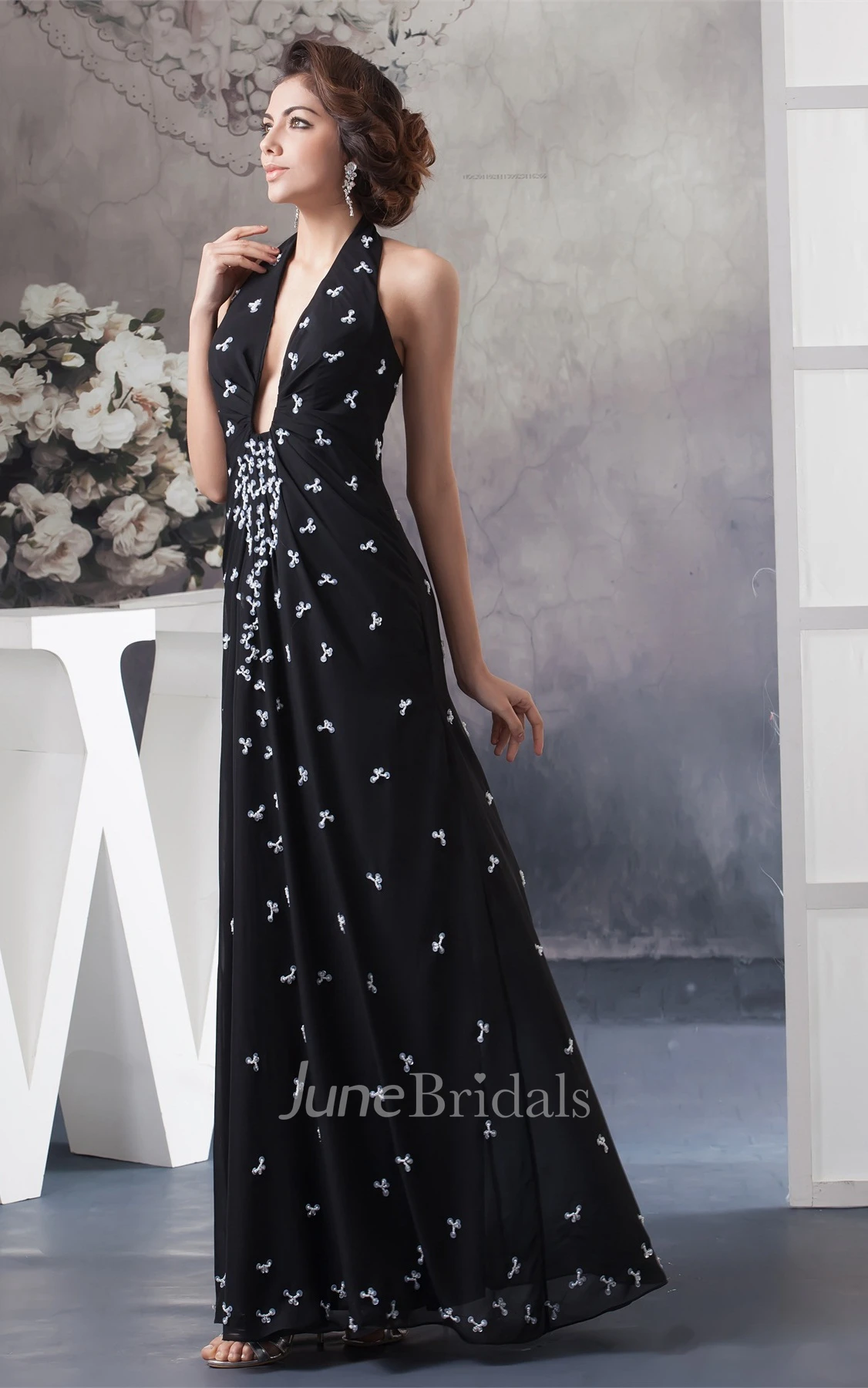 Plunged Ankle-Length Ruched Dress with Appliques and Halter
