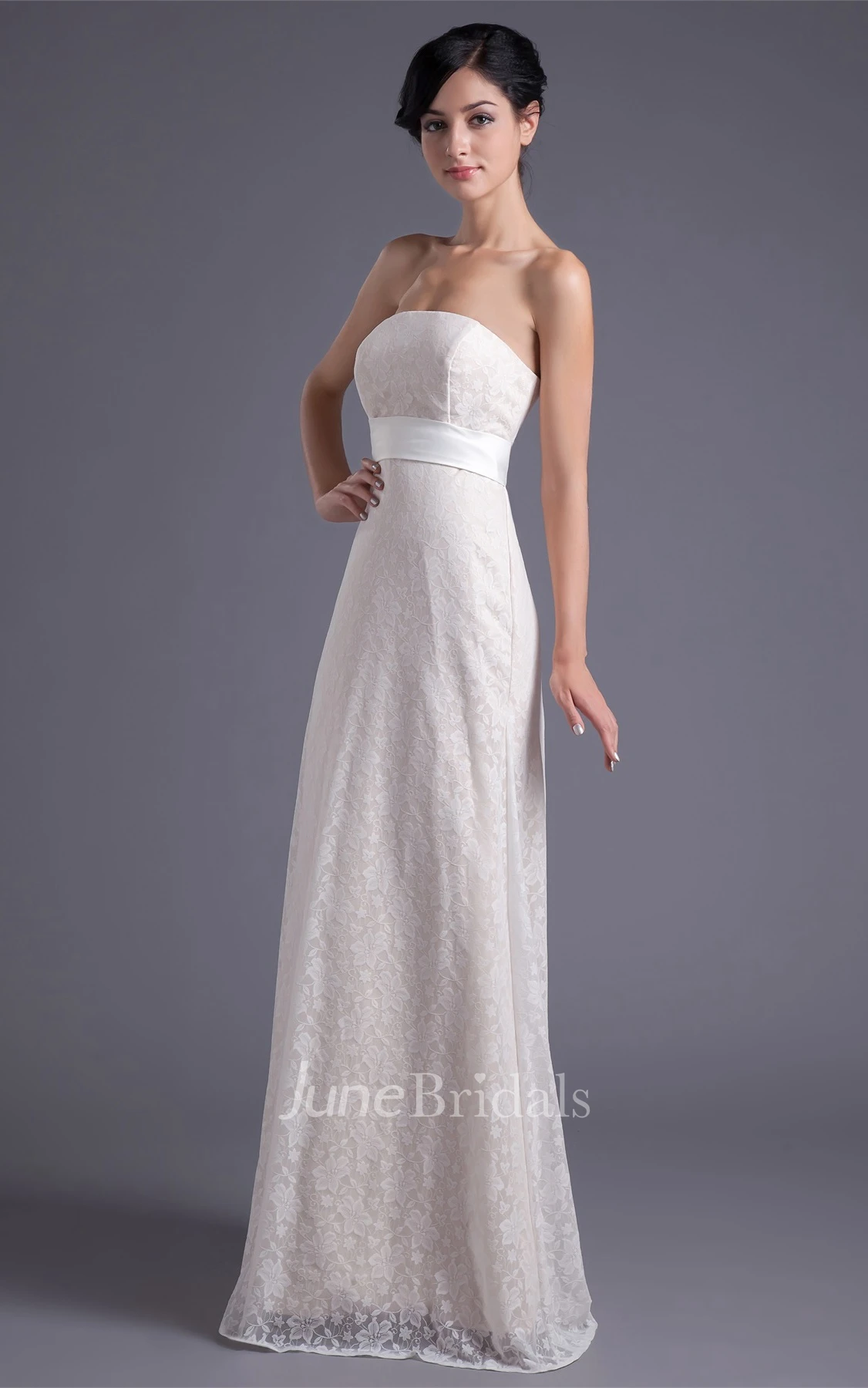 strapless sheath lace dress with cinched waist