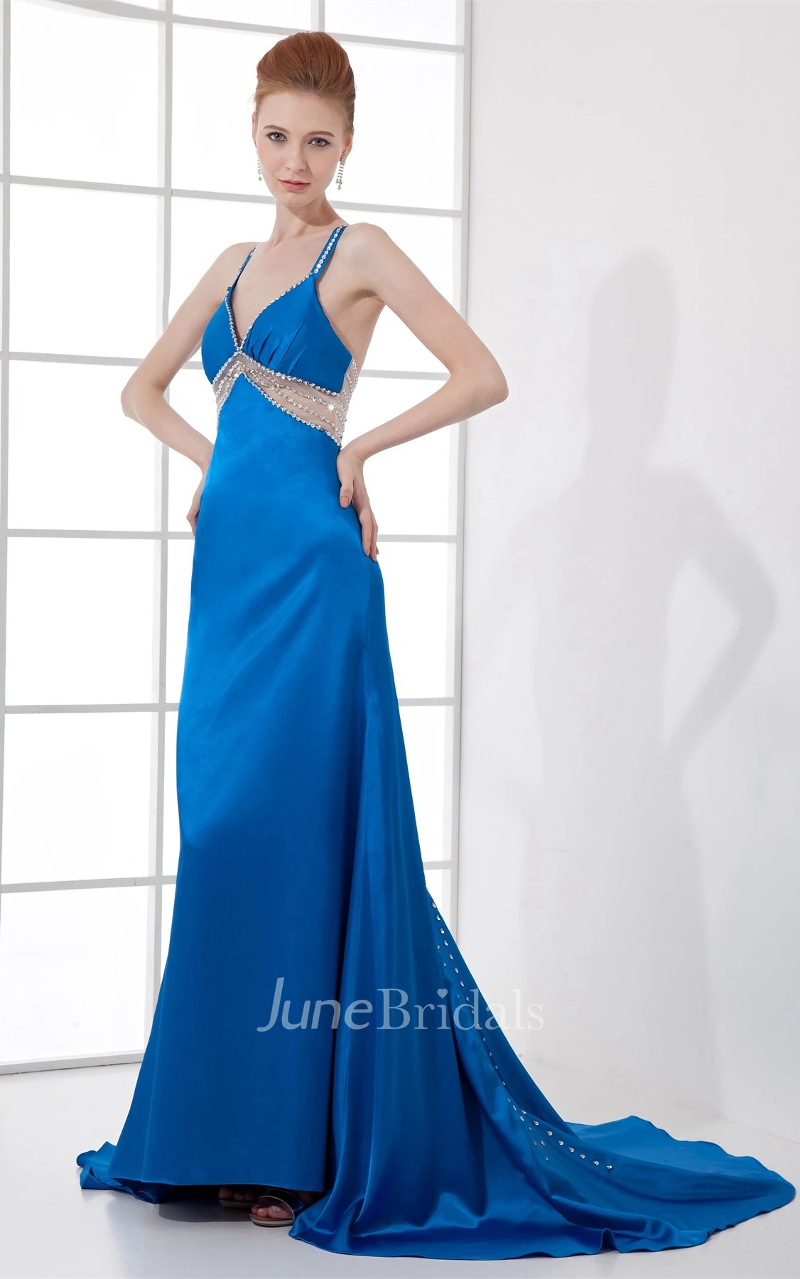 Glossy Sleeveless Maxi Dress with Beading and Illusion
