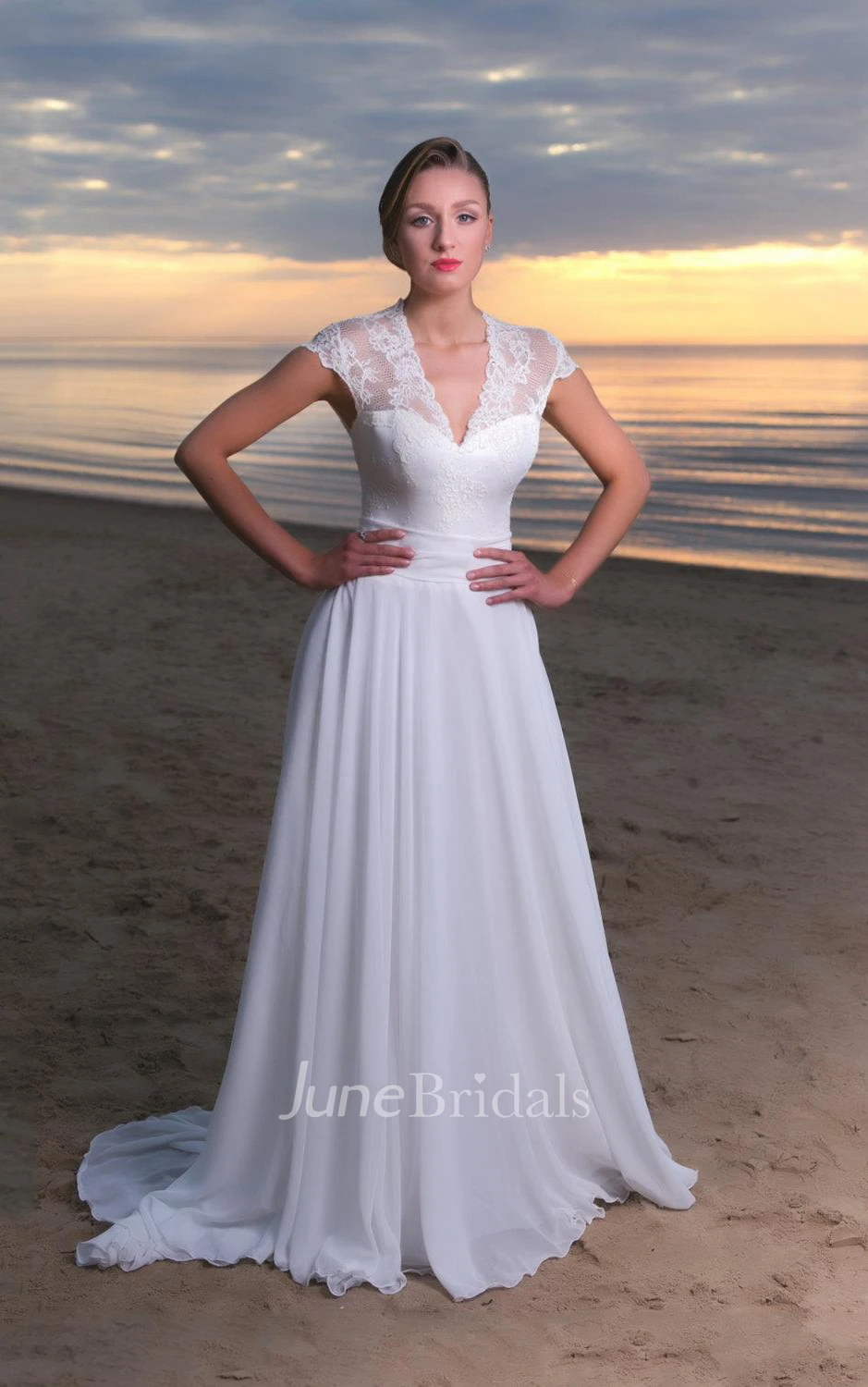 V-Neck Long A-Line Chiffon and Lace Wedding Dress With Cap Sleeves