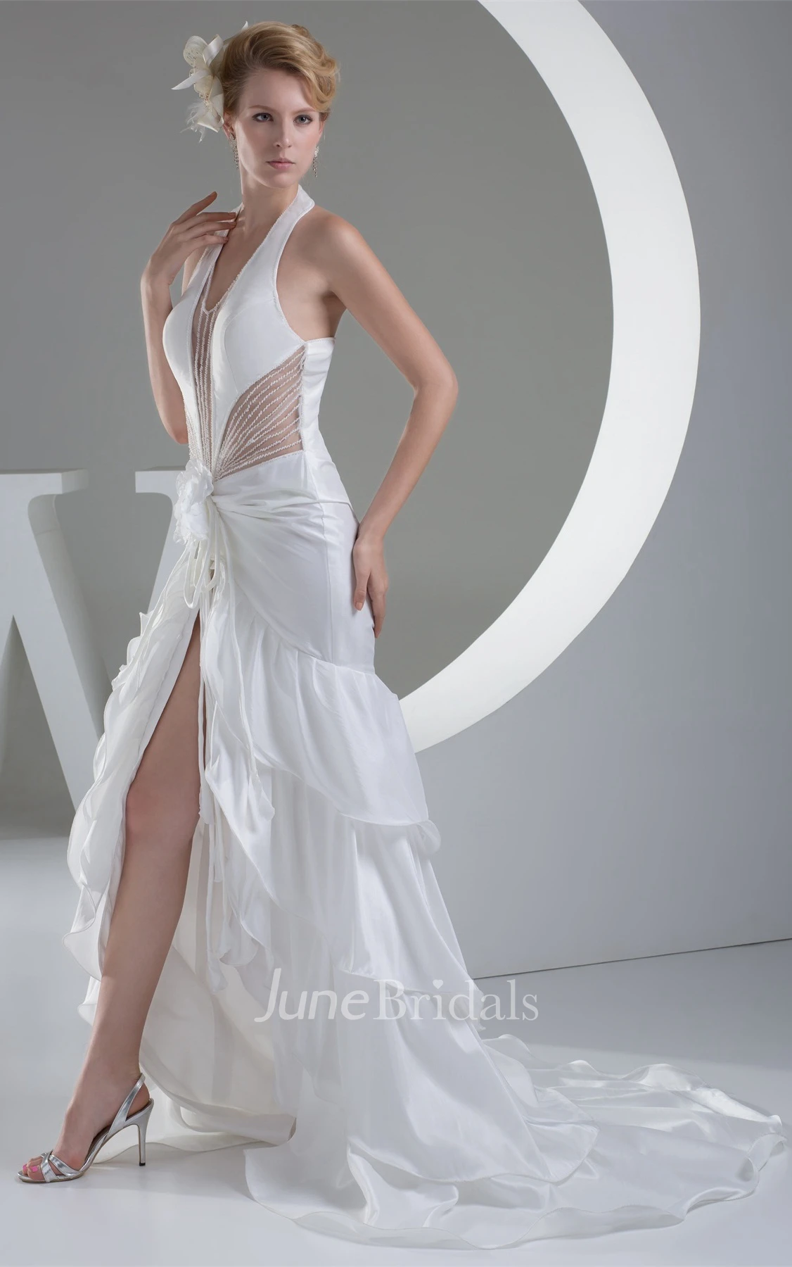 Plunged Sleeveless Front-Split Ruched Dress with Flower and Tiers