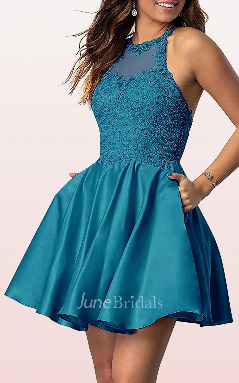Adorable A Line Satin Lace Jewel Sleeveless Homecoming Dress with Pleats