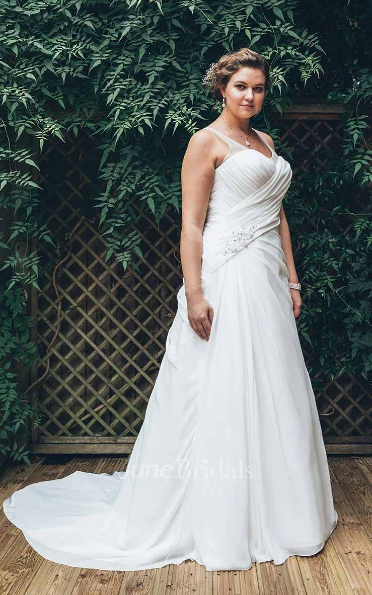 A-Line Long V-Neck Sleeveless Satin Criss Cross Beading Court Train Beading Dress