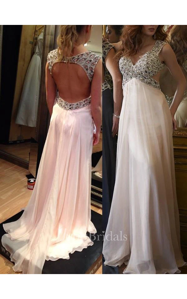 A-Line Princess V-neck Sleeveless Chiffon Ruffles Sweep Brush Train Dresses