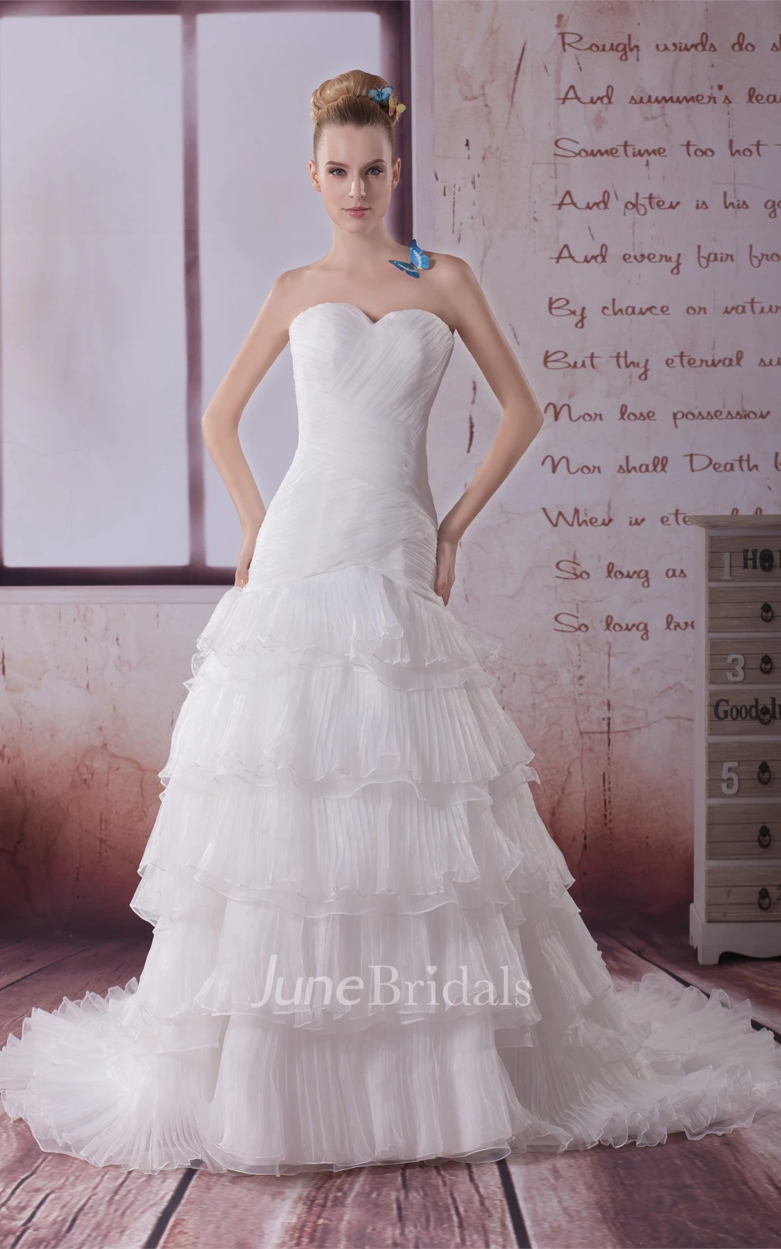 Sweetheart Criss-Cross A-Line Gown with Tiers and Court Train