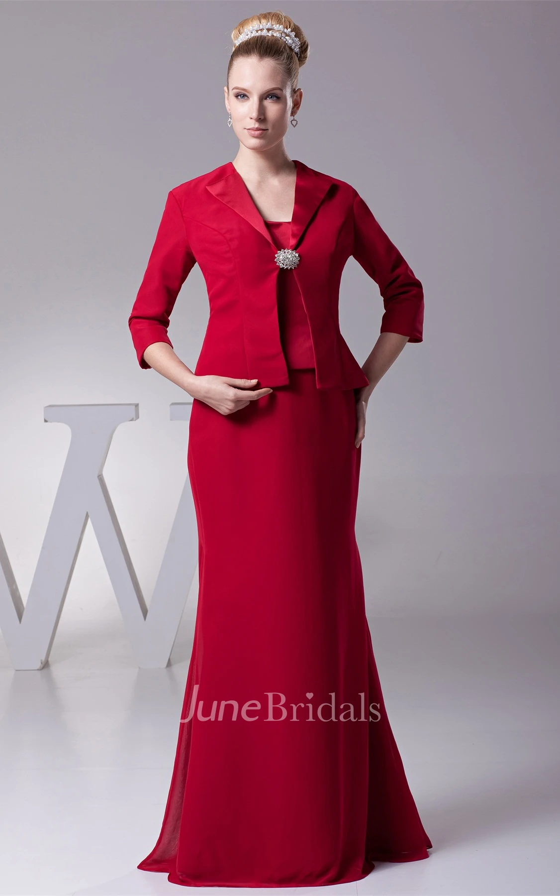 Classic Sheath Floor-Length Dress with Broach and Jacket